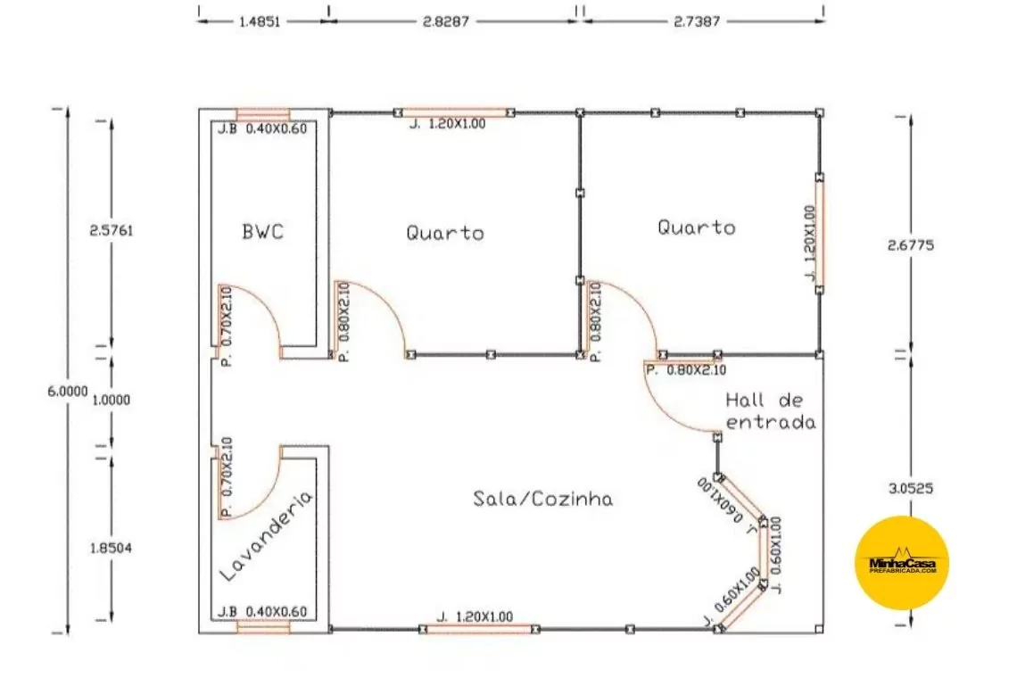 Projeto de casa de madeira pré-fabricada com 2 dormitórios e 60 m².