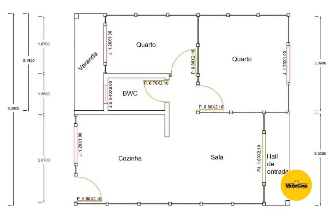 Projeto de casa de madeira pré-fabricada com 2 dormitórios e 88 m².