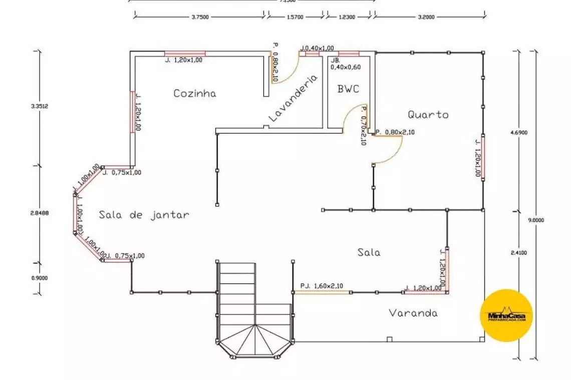 Projeto de casa de madeira pré-fabricada com 4 dormitórios e 107 m².