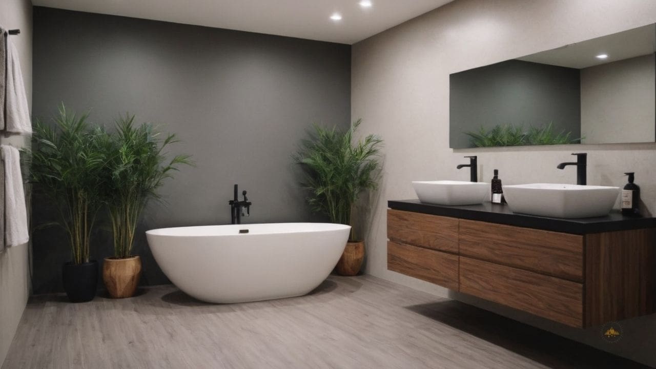 11. Ideias de banheiros modernos_ experimente com revestimentos de piso não tradicionais, como madeira ou vinil em padrões ousados