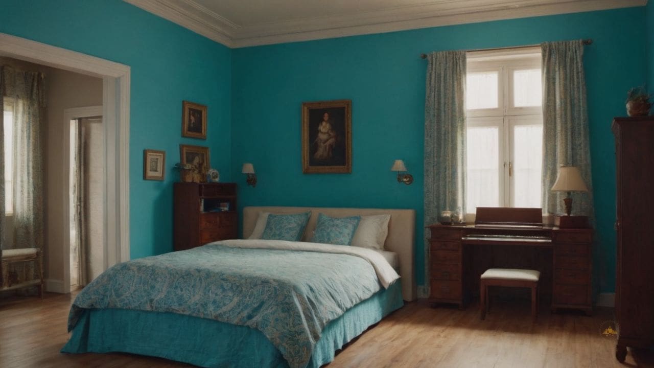 13. Azul turquesa combina com que cor? Para uma atmosfera mais relaxante, combine azul turquesa com tons de rosa suave em roupas de cama e cortinas.