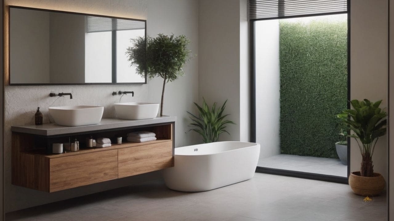 2. Ideias de banheiros modernos_ adicione toques de cor com acessórios como toalhas, tapetes e cortinas de chuveiro