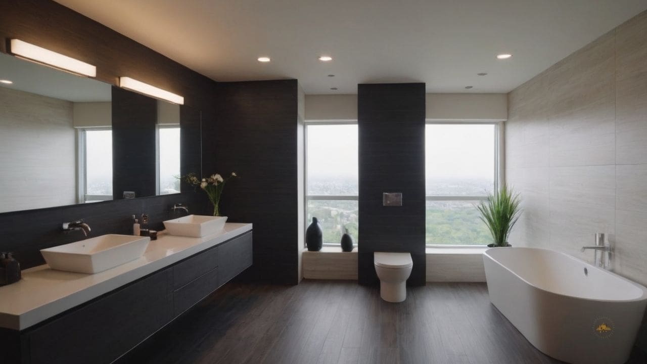 37. Ideias de banheiros modernos_ use prateleiras de madeira flutuantes para adicionar calor e textura ao ambiente