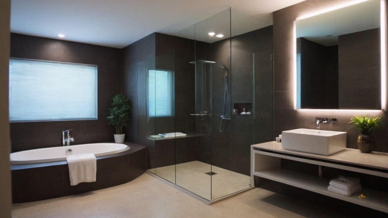 40. Ideias de banheiros modernos_ adicione um banco de chuveiro de madeira para maior conforto e praticidade