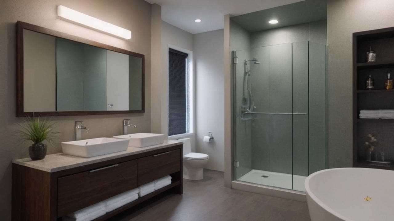51. Ideias de banheiros modernos_ ideias de banheiros modernos_ incorporar um sistema de iluminação led atrás do espelho para uma iluminação suave e ajustável