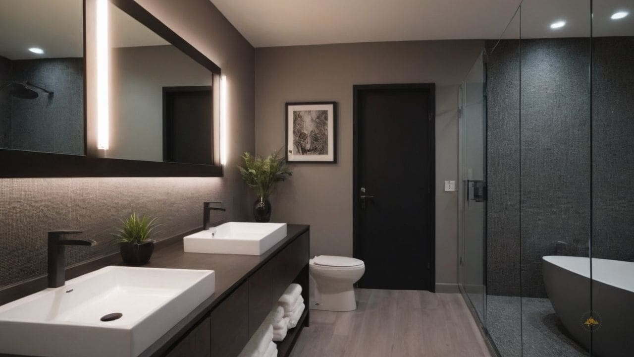 52. Ideias de banheiros modernos_ use um conjunto de acessórios coordenados para uma estética coesa e elegante