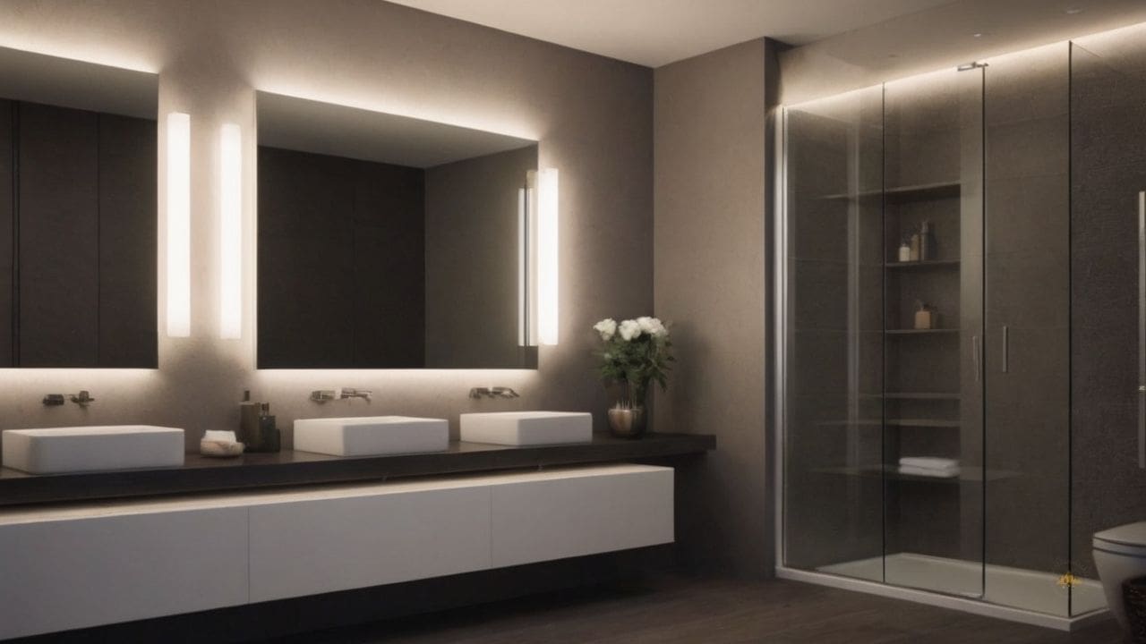 54. Ideias de banheiros modernos_ ideias de banheiros modernos_ integre prateleiras de vidro iluminadas para exibir produtos de beleza de forma sofisticada