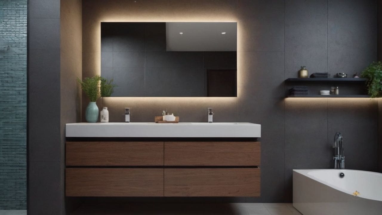 56. Ideias de banheiros modernos_ utilize um espelho com função de desembaçamento para maior praticidade após o banho