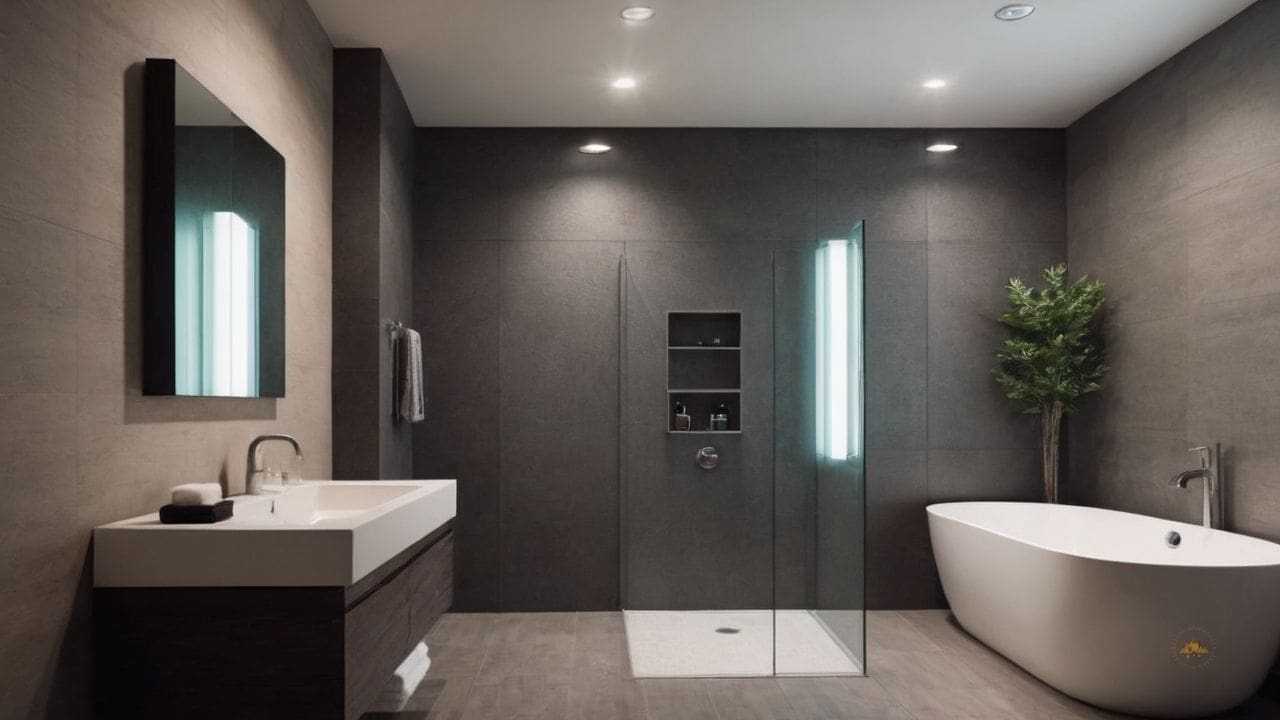 58. Ideias de banheiros modernos_ use uma paleta de cores neutras com toques sutis de cor para um visual elegante e sofisticado
