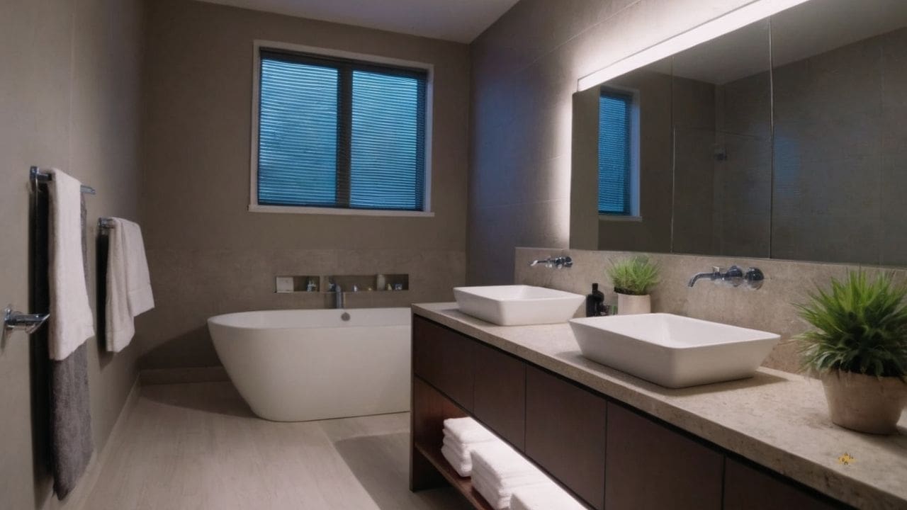61. Ideias de banheiros modernos_ use uma cortina de chuveiro em padrões geométricos para um toque de estilo contemporâneo