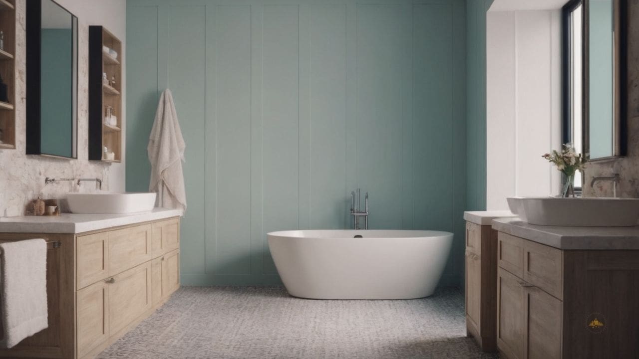 76. Ideias de banheiros modernos_ use uma paleta de cores neutras com toques de cor para uma estética contemporânea