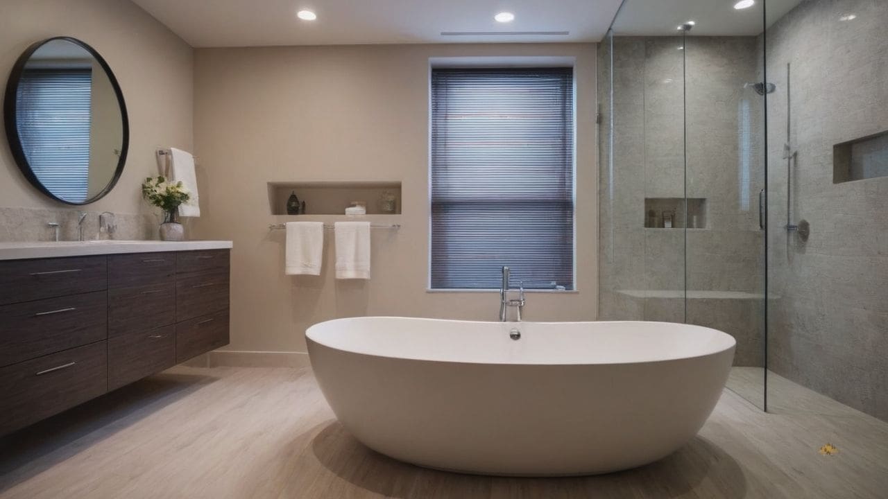 79. Ideias de banheiros modernos_ use uma cortina de chuveiro com um padrão gráfico para um toque de estilo