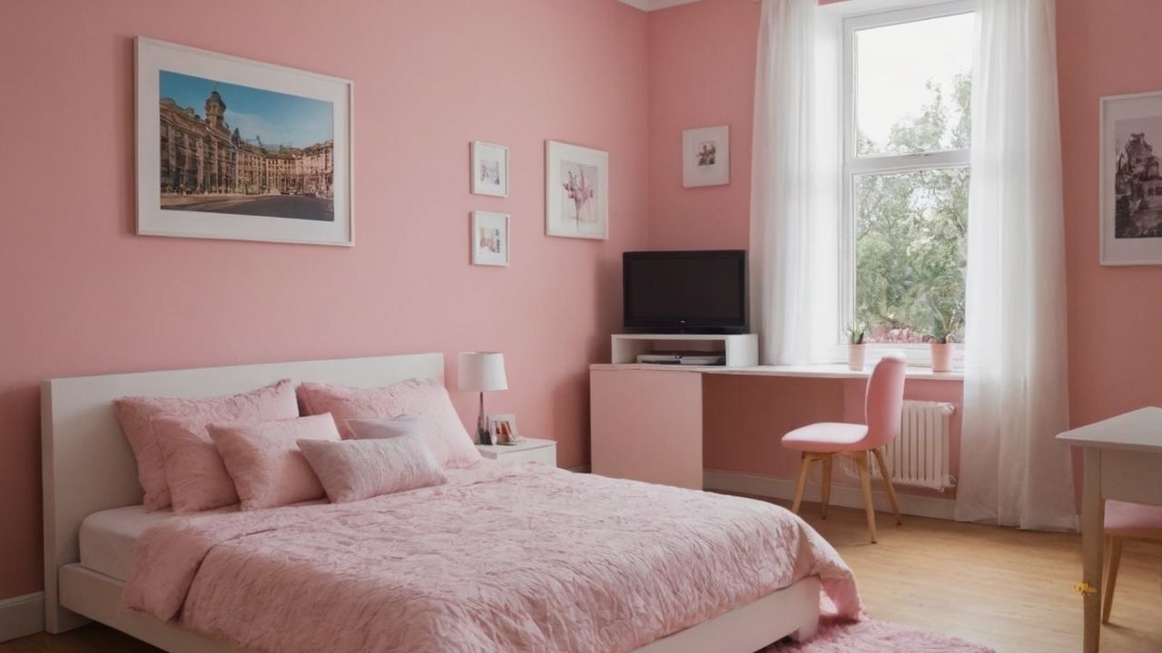17. Quarto Rosa_ um quarto rosa pode ser energizante quando combinado com cores vibrantes