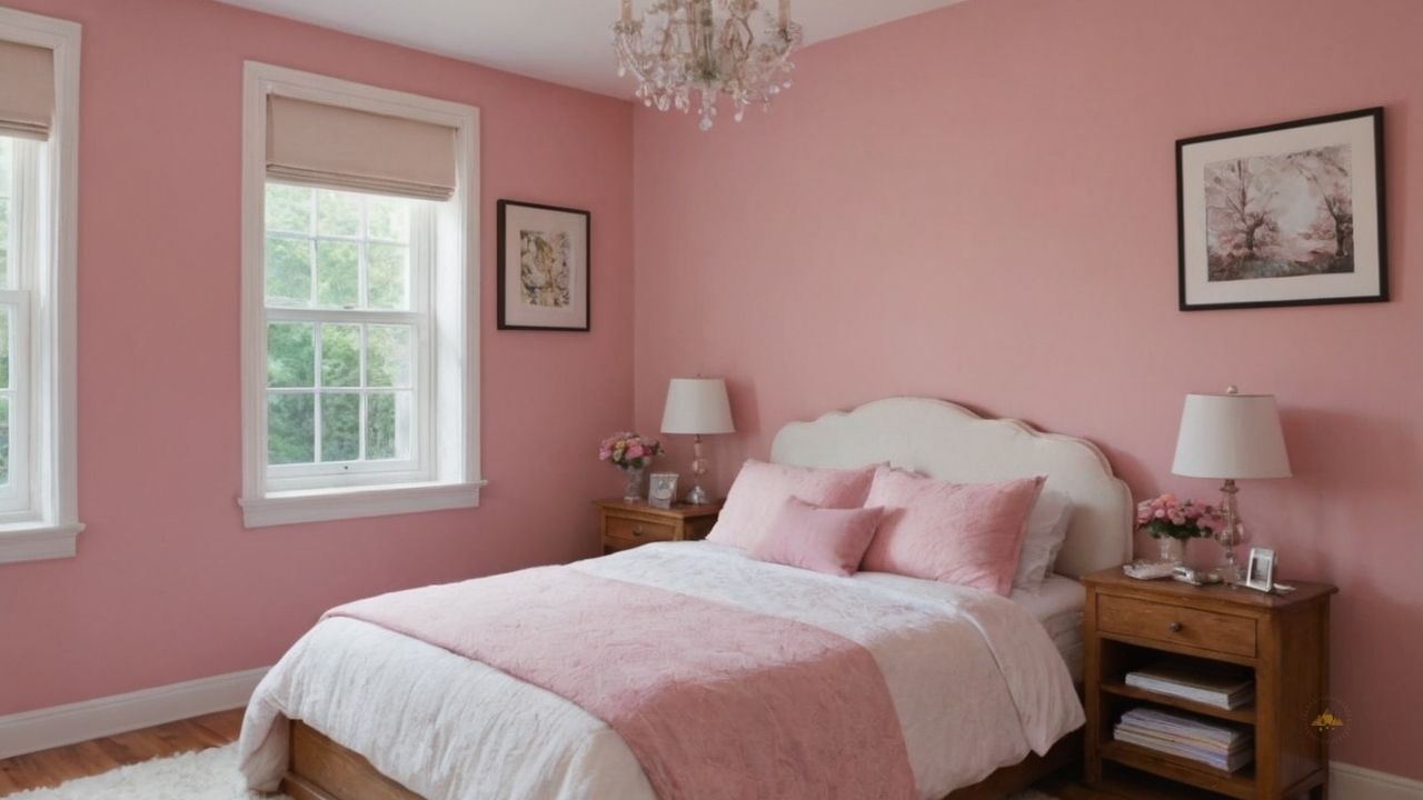 19. Quarto Rosa_ um quarto rosa pode ser sofisticado quando combinado com móveis brancos