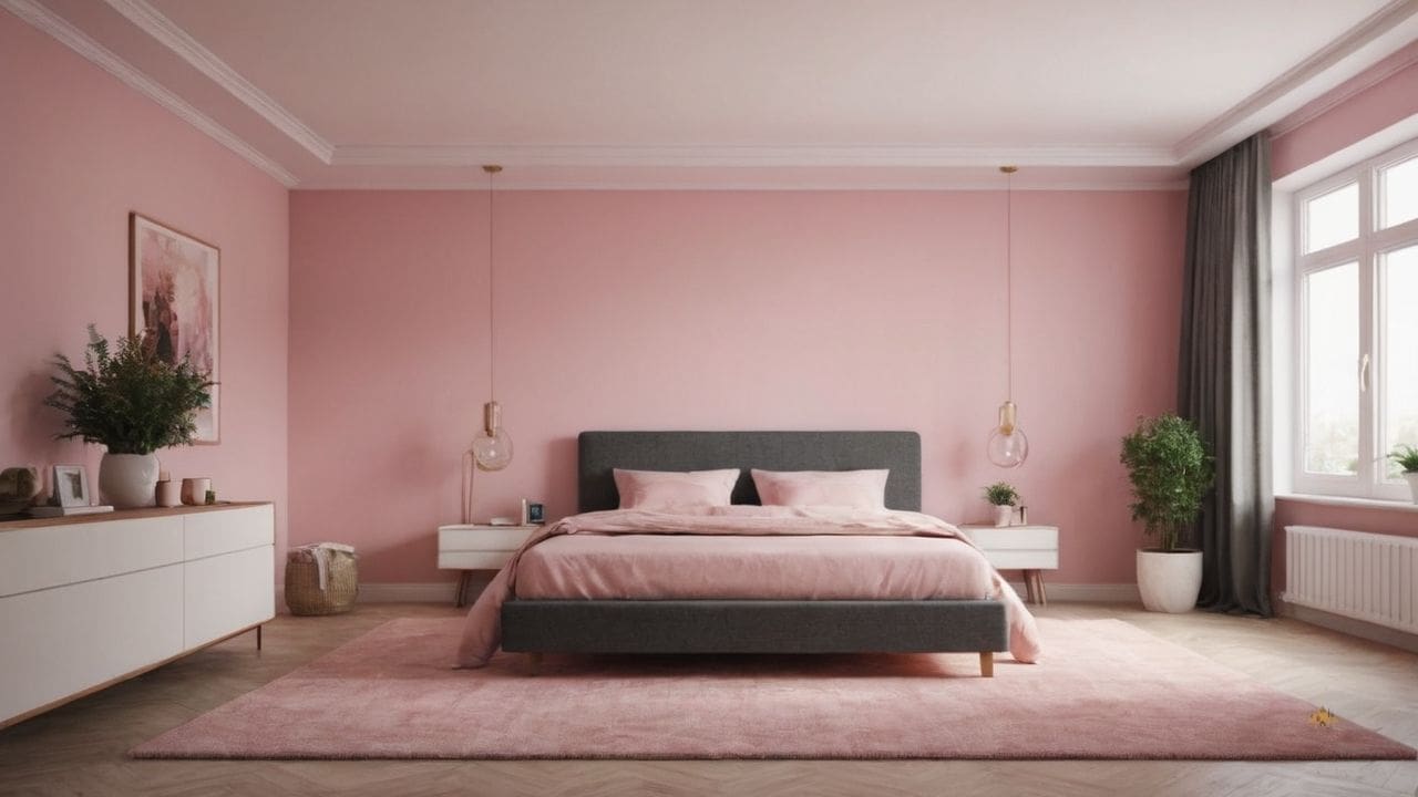 59. Quarto Rosa_ um quarto rosa pode ser decorado com uma variedade de estilos artísticos
