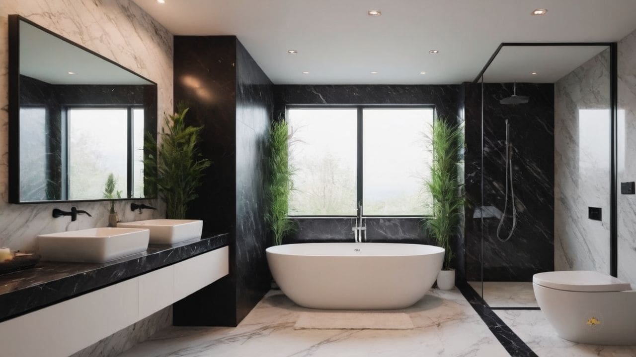 1. O banheiro calacata com preto proporciona visual sofisticado
