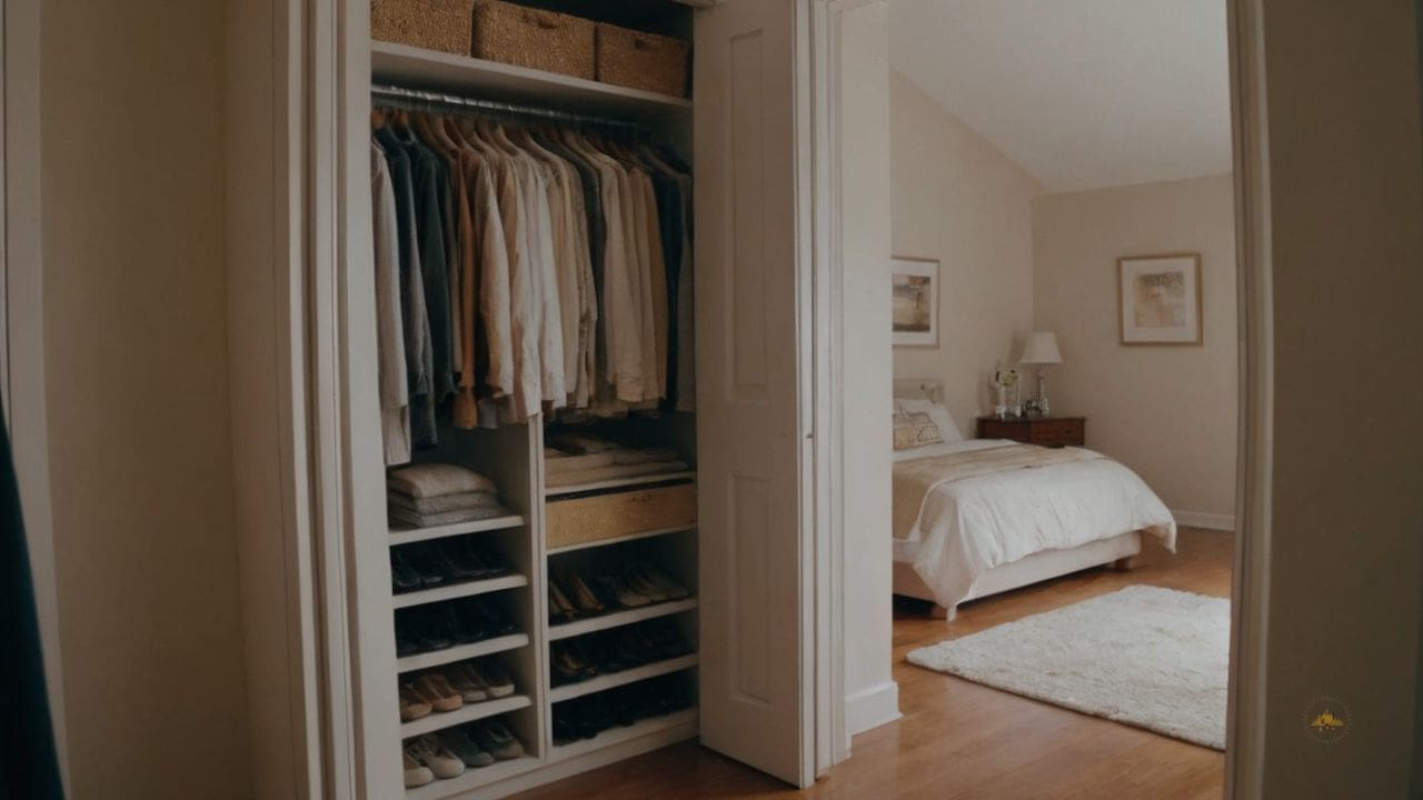 1. O quarto com closet e banheiro simples proporciona espaço multifuncional