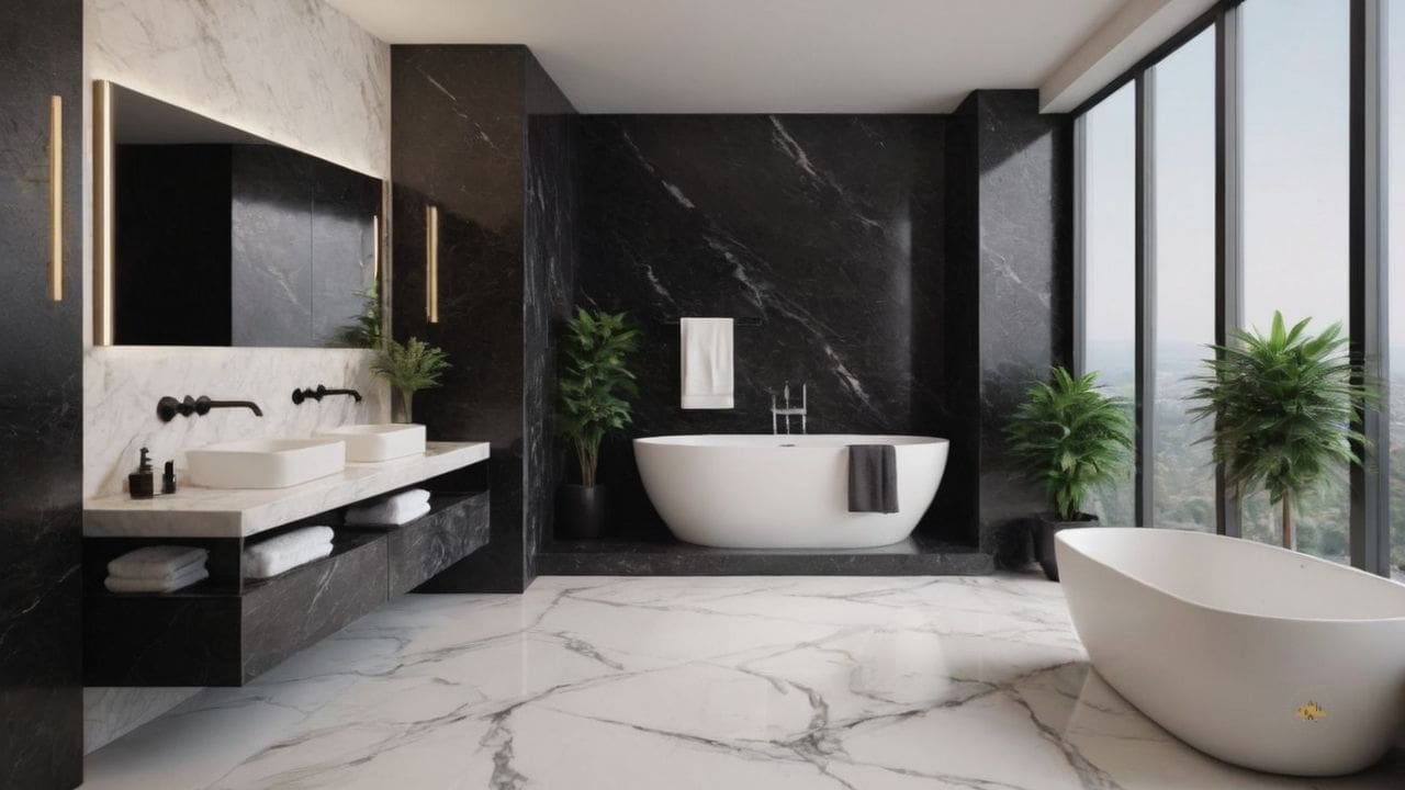 11. O banheiro calacata com preto proporciona design exclusivo