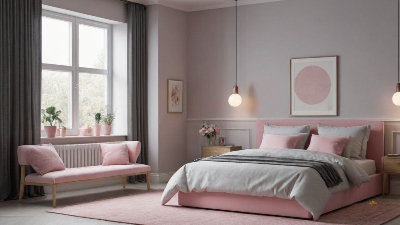 13. Quarto cinza e rosa proporciona estilo versátil