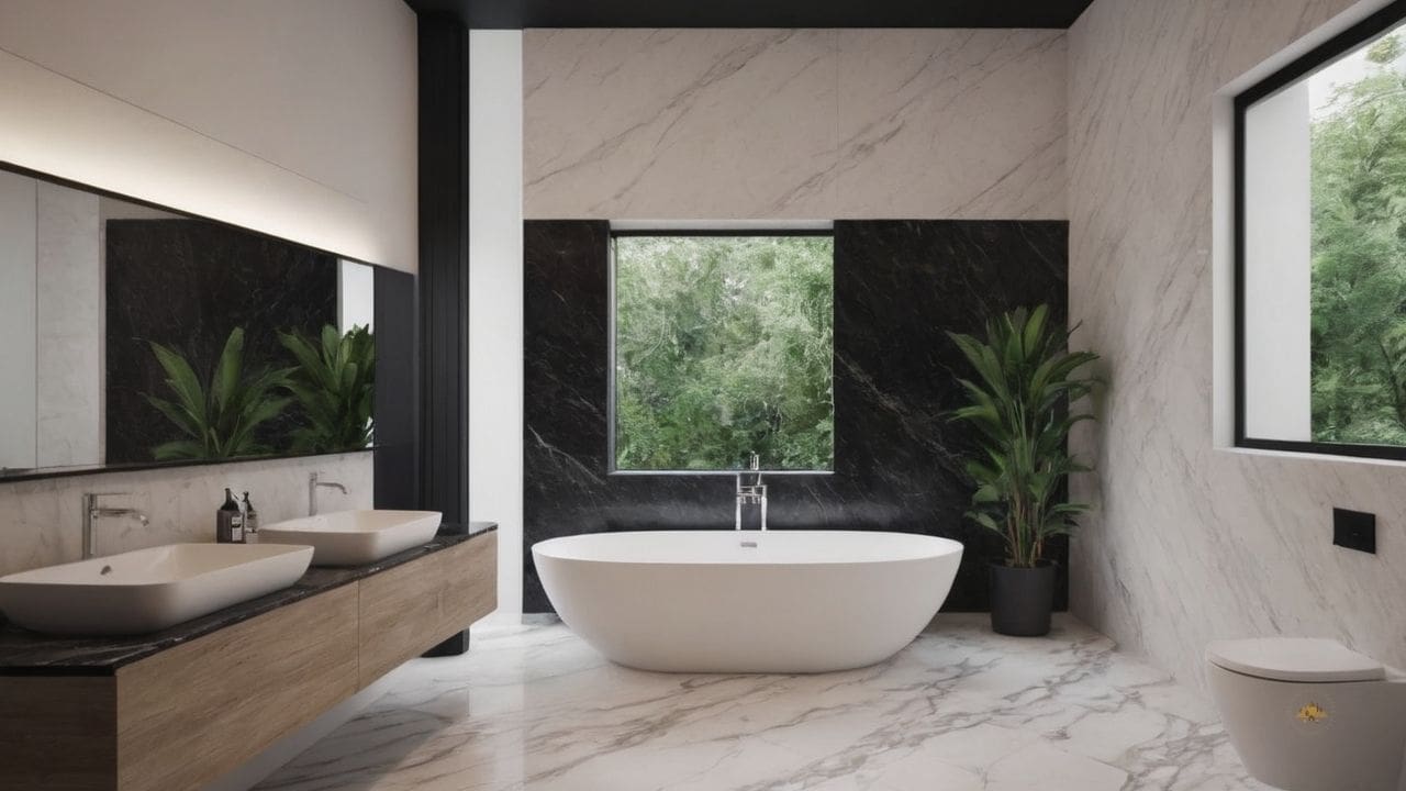 14. O banheiro calacata com preto proporciona ambiente relaxante