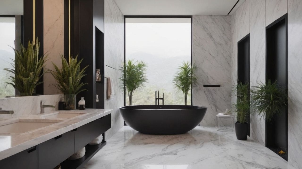 15. O banheiro calacata com preto proporciona ideal para luxo