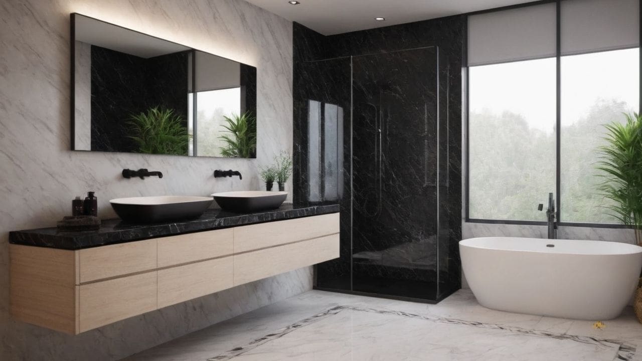 17. O banheiro calacata com preto proporciona perfeito para suítes