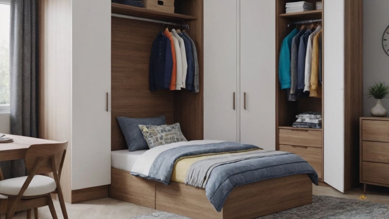 17. Um quarto pequeno para dois irmãos com guarda-roupa proporciona decoração temática mais focada