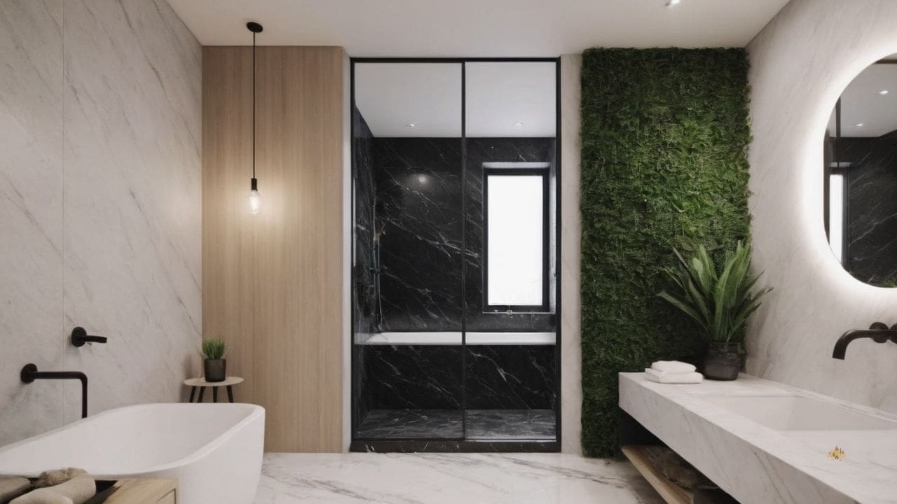 2. O banheiro calacata com preto proporciona clássico e moderno