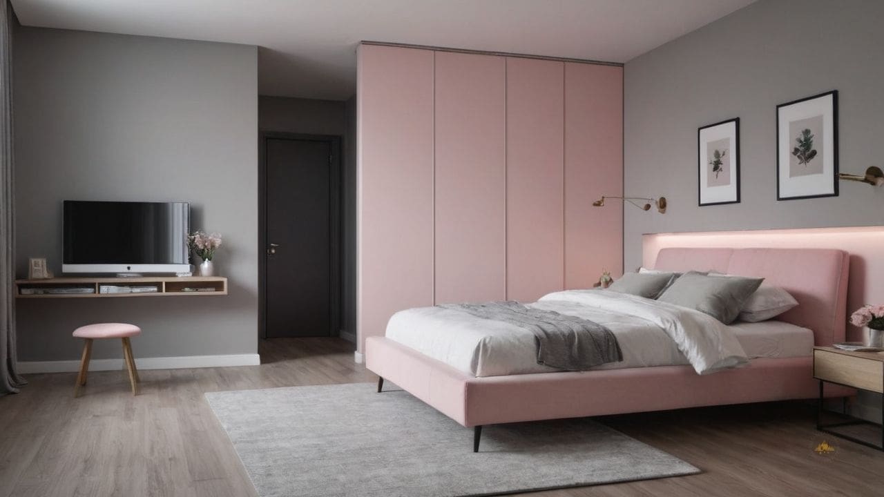 20. Quarto cinza e rosa proporciona estilo minimalista