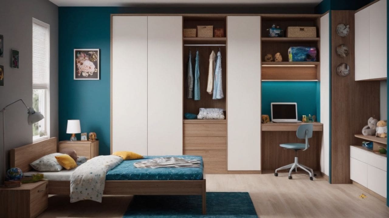 21. Um quarto pequeno para dois irmãos com guarda-roupa proporciona ambiente mais seguro