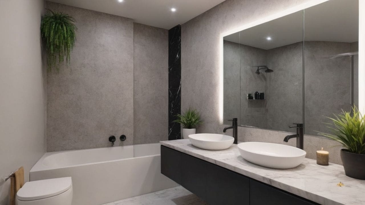 22. O banheiro calacata com preto proporciona ambiente acolhedor