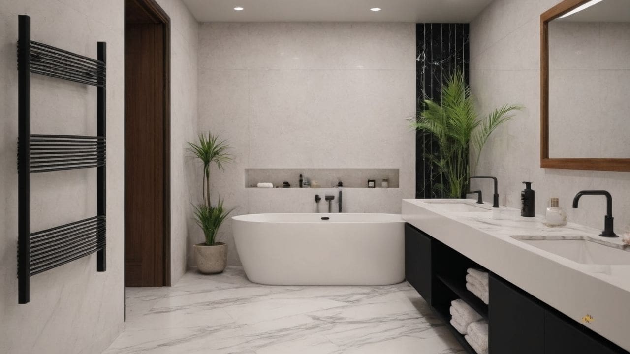 23. O banheiro calacata com preto proporciona valoriza a luz natural