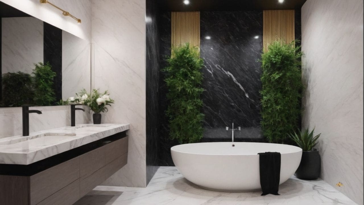 24. O banheiro calacata com preto proporciona integração natural
