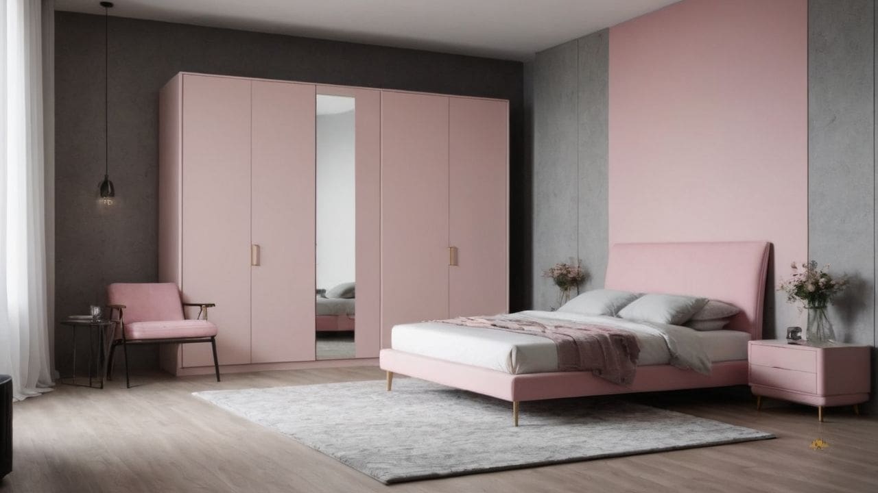 24. Quarto cinza e rosa proporciona ambiente moderno