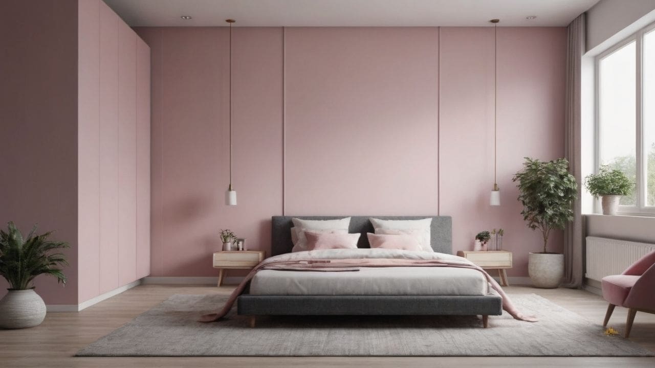 25. Quarto cinza e rosa proporciona ambiente moderno