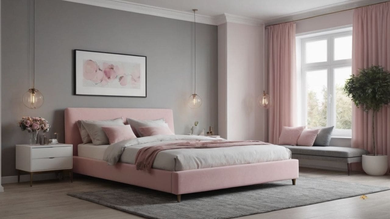 26. Quarto cinza e rosa proporciona estilo romântico