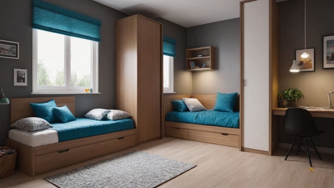 26. Um quarto pequeno para dois irmãos com guarda-roupa proporciona menos espaço para acúmulo de objetos