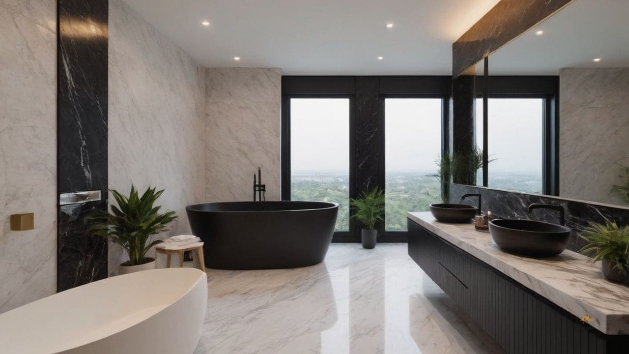 27. O banheiro calacata com preto proporciona estilo minimalista