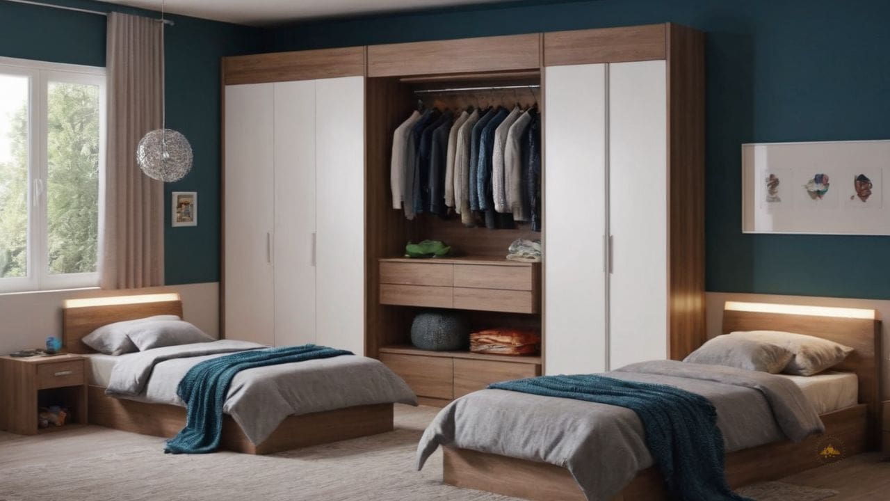 30. Um quarto pequeno para dois irmãos com guarda-roupa proporciona criação de um espaço único