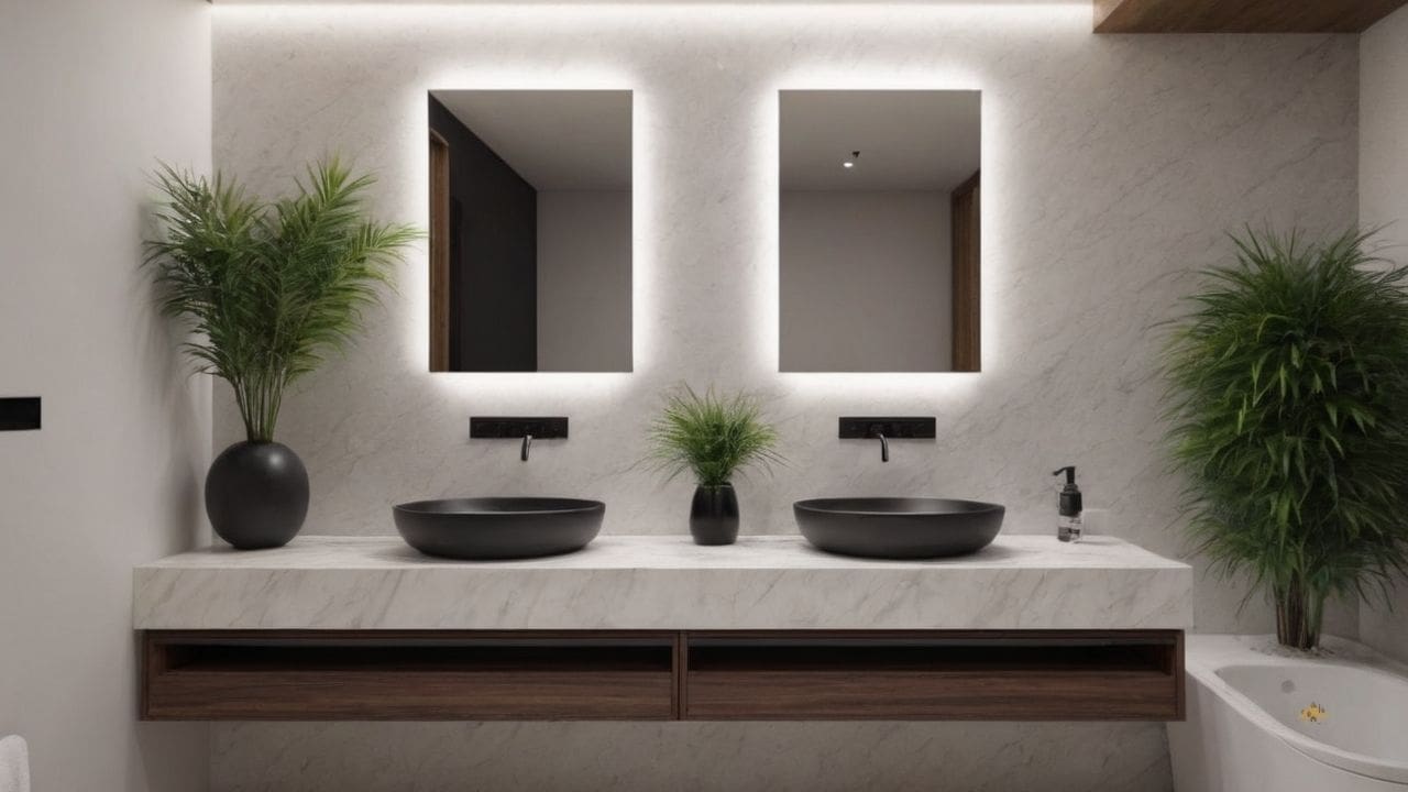 33. O banheiro calacata com preto proporciona ambiente de spa