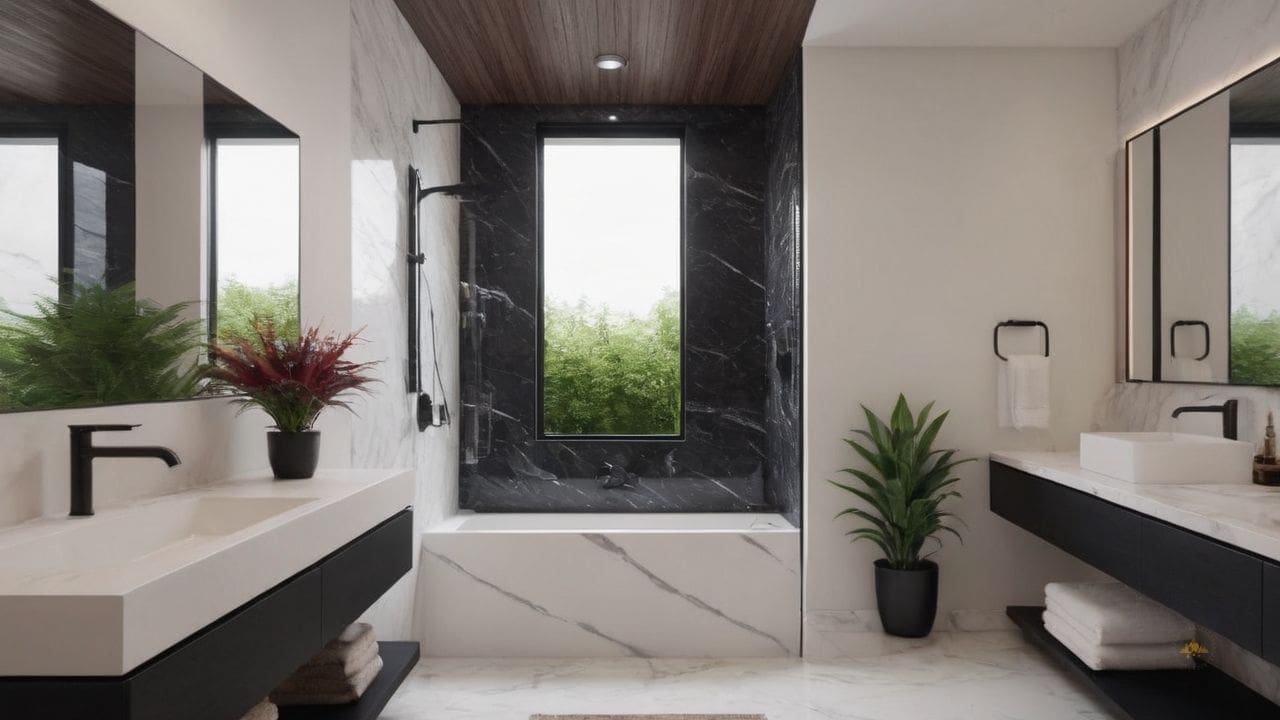 37. O banheiro calacata com preto proporciona continuidade no design