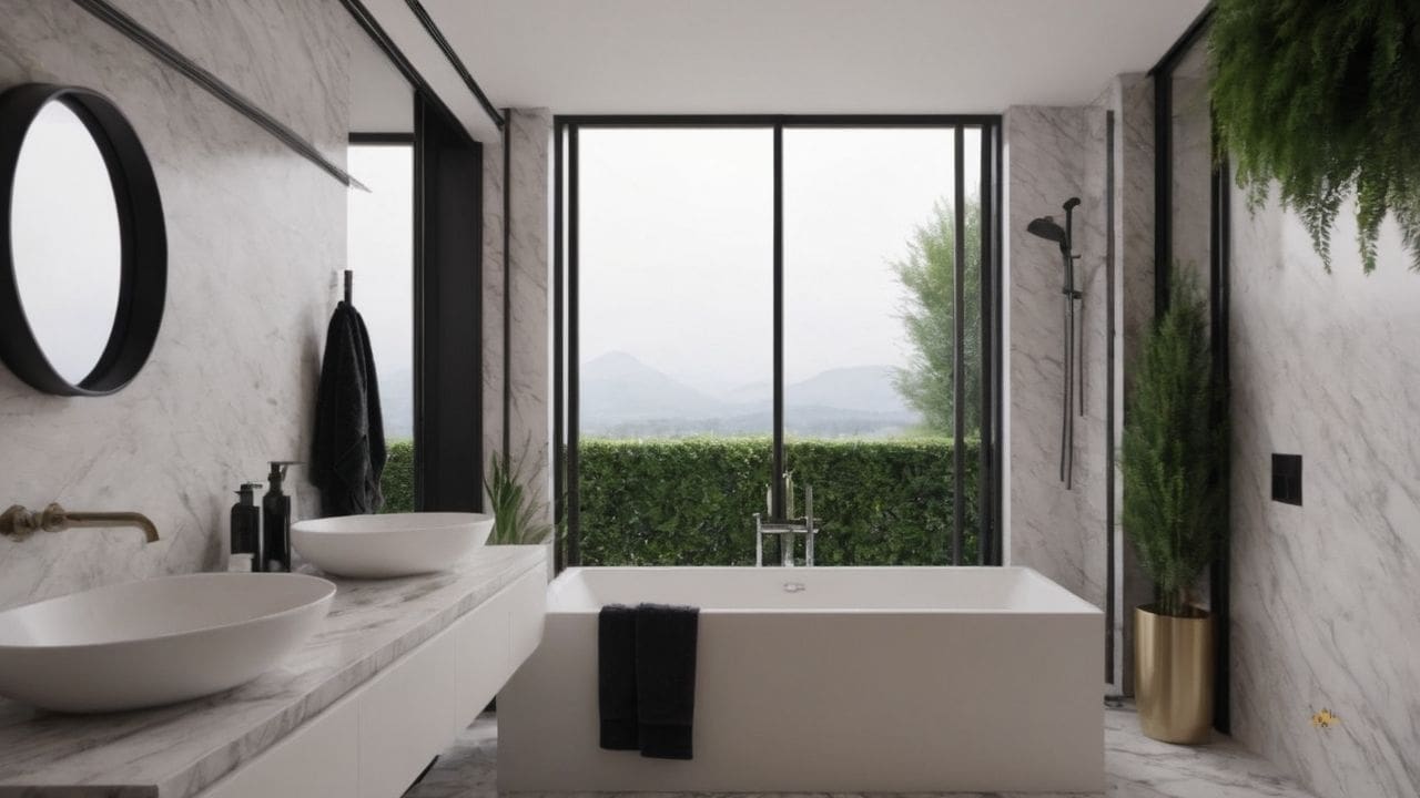 38. O banheiro calacata com preto proporciona iluminação moderna