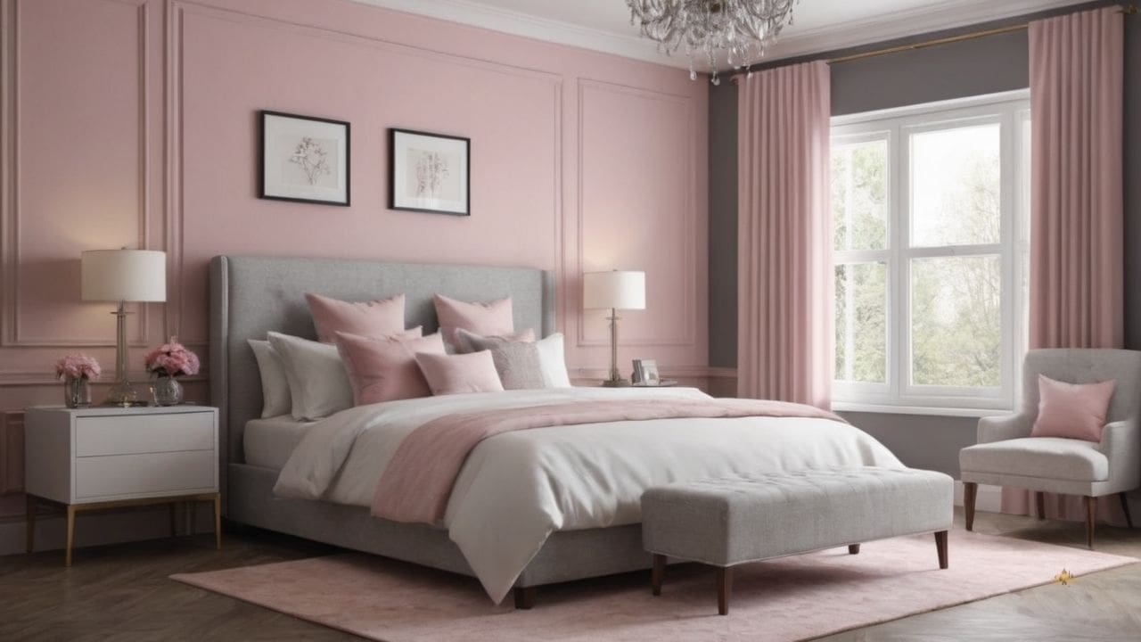 38. Quarto cinza e rosa proporciona ambiente inspirador