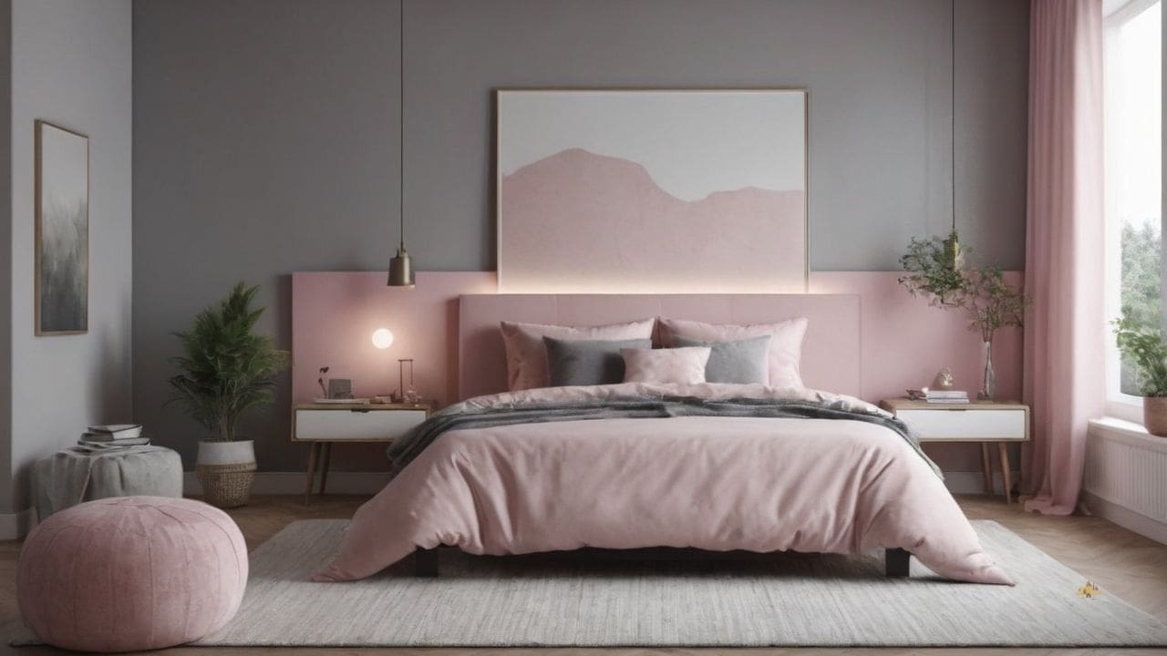 39. Quarto cinza e rosa proporciona estilo elegante