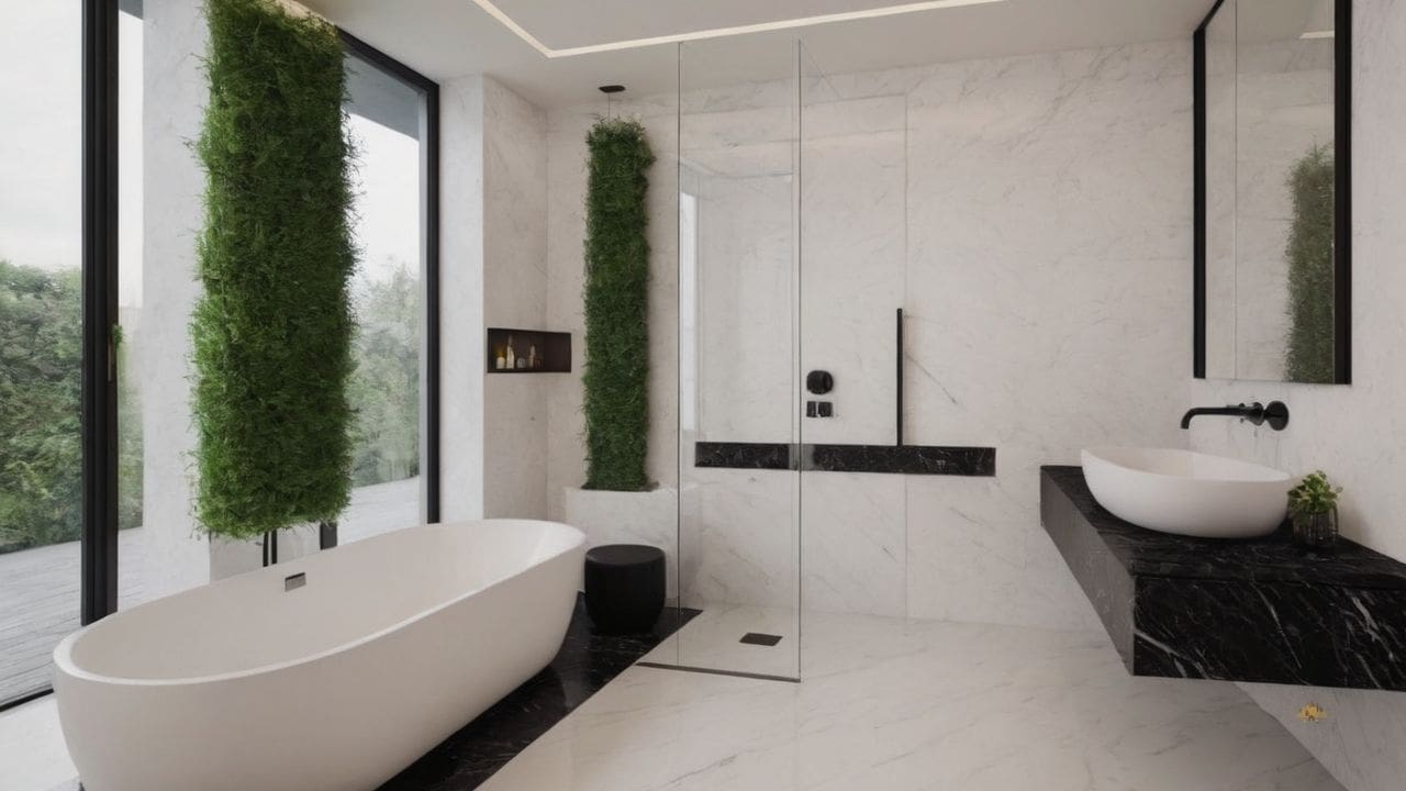42. O banheiro calacata com preto proporciona design coeso