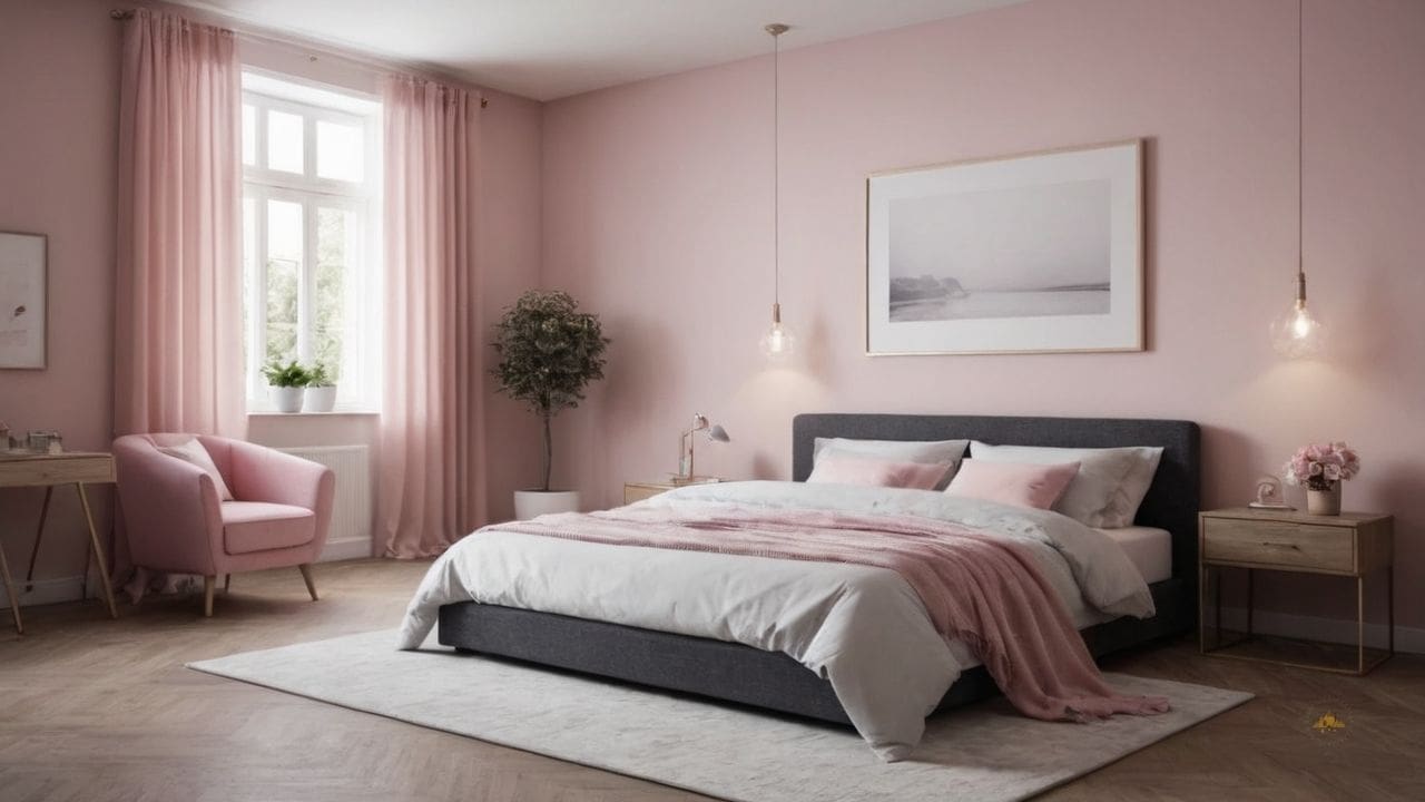 43. Quarto cinza e rosa proporciona ambiente luxuoso