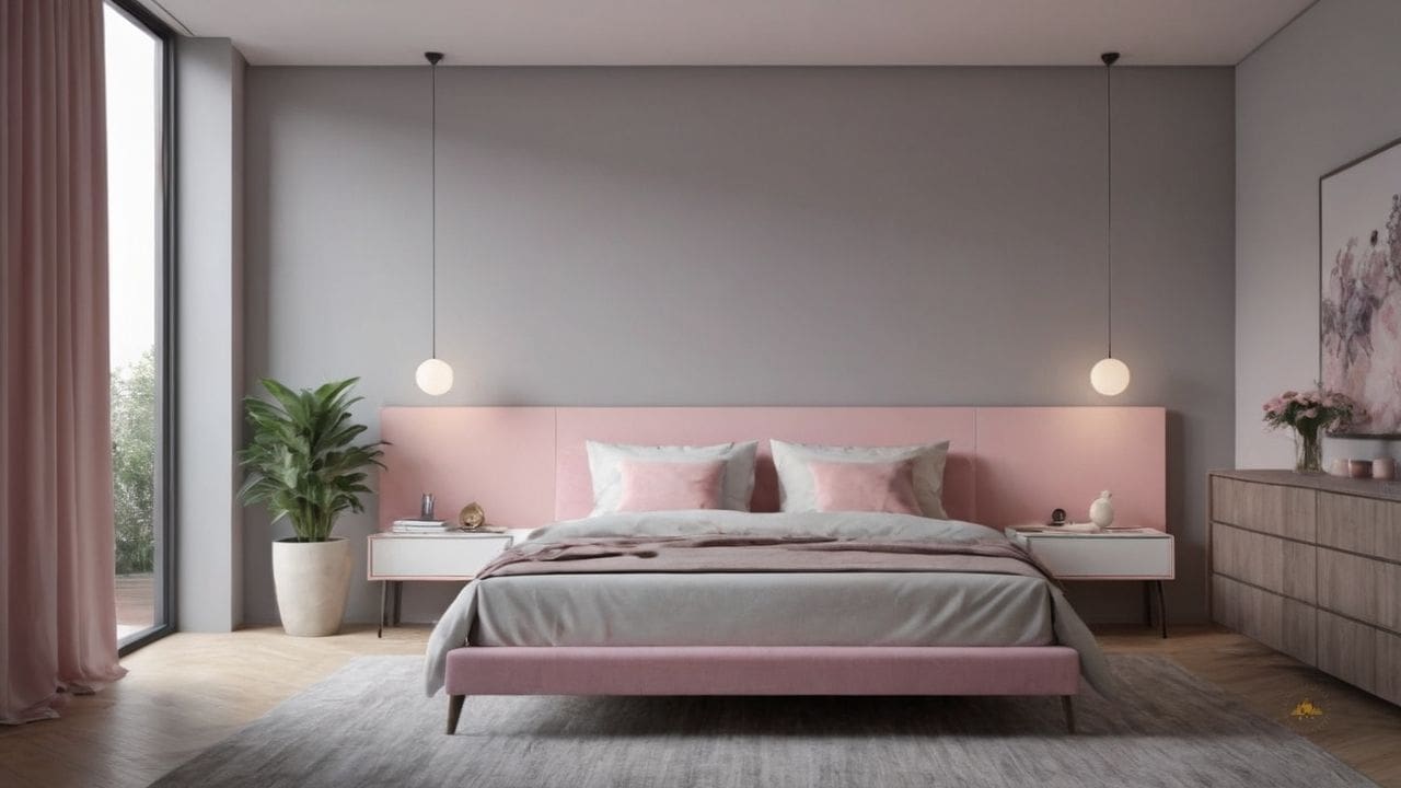 44. Quarto cinza e rosa proporciona ambiente convidativo