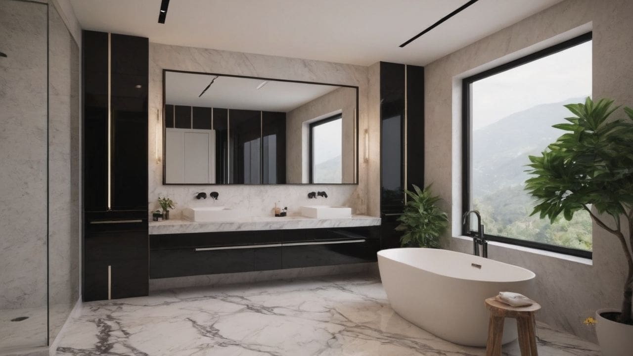 45. O banheiro calacata com preto proporciona ambiente relaxante