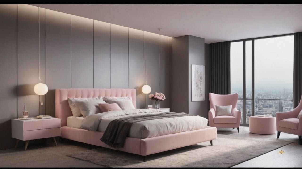 46. Quarto cinza e rosa proporciona elegância discreta