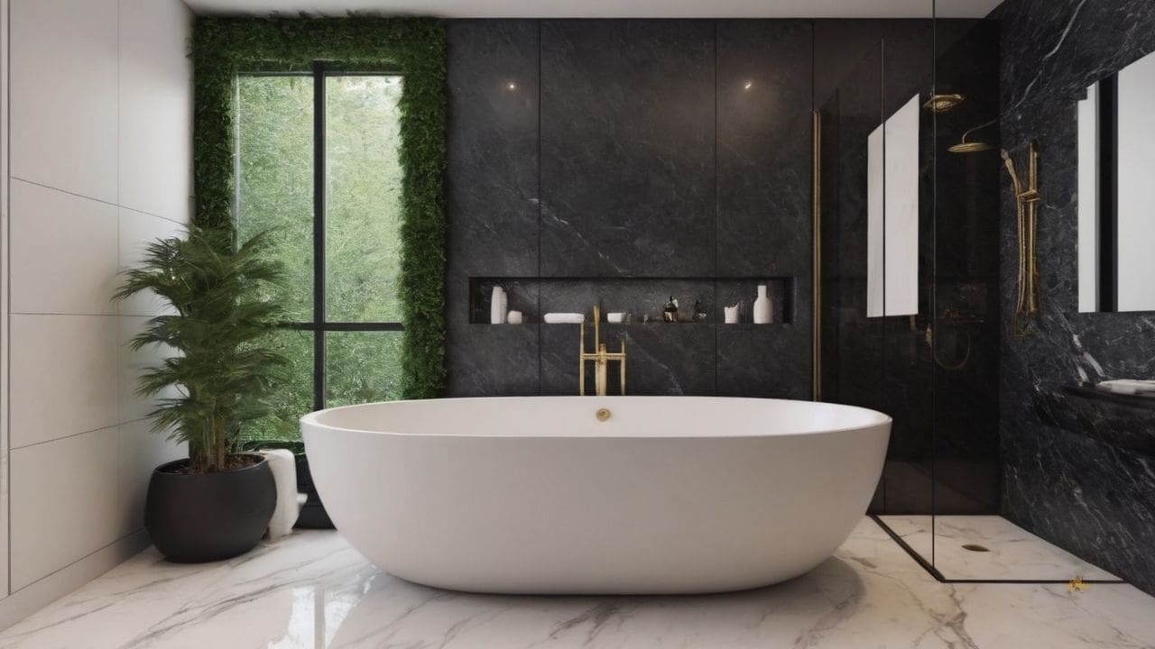 47. O banheiro calacata com preto proporciona destaque decorativo